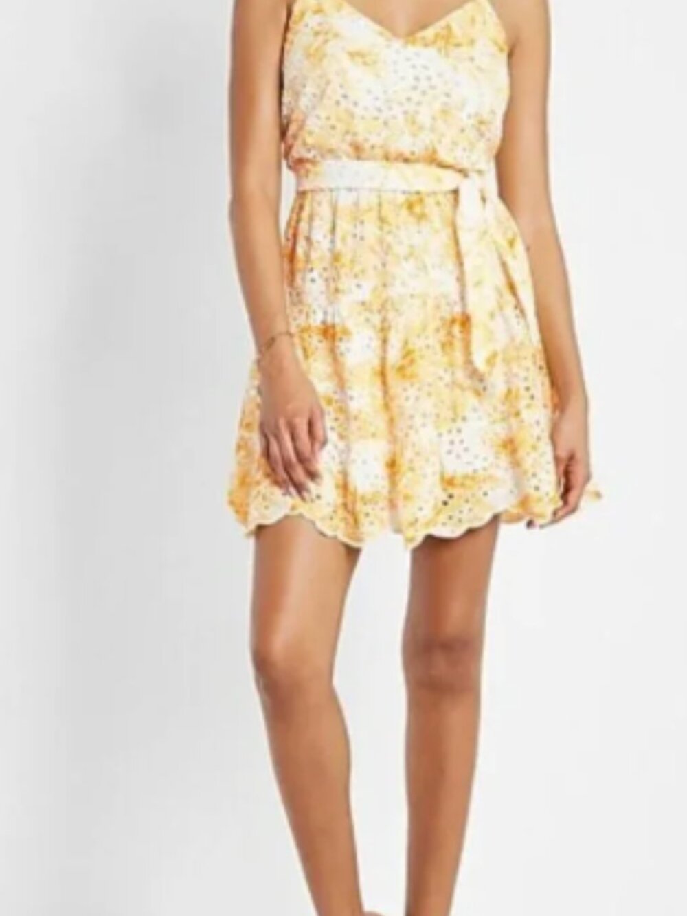 Express Yellow White Eyelet Dress Mini Cutout Spaghetti Strap Party Size Medium